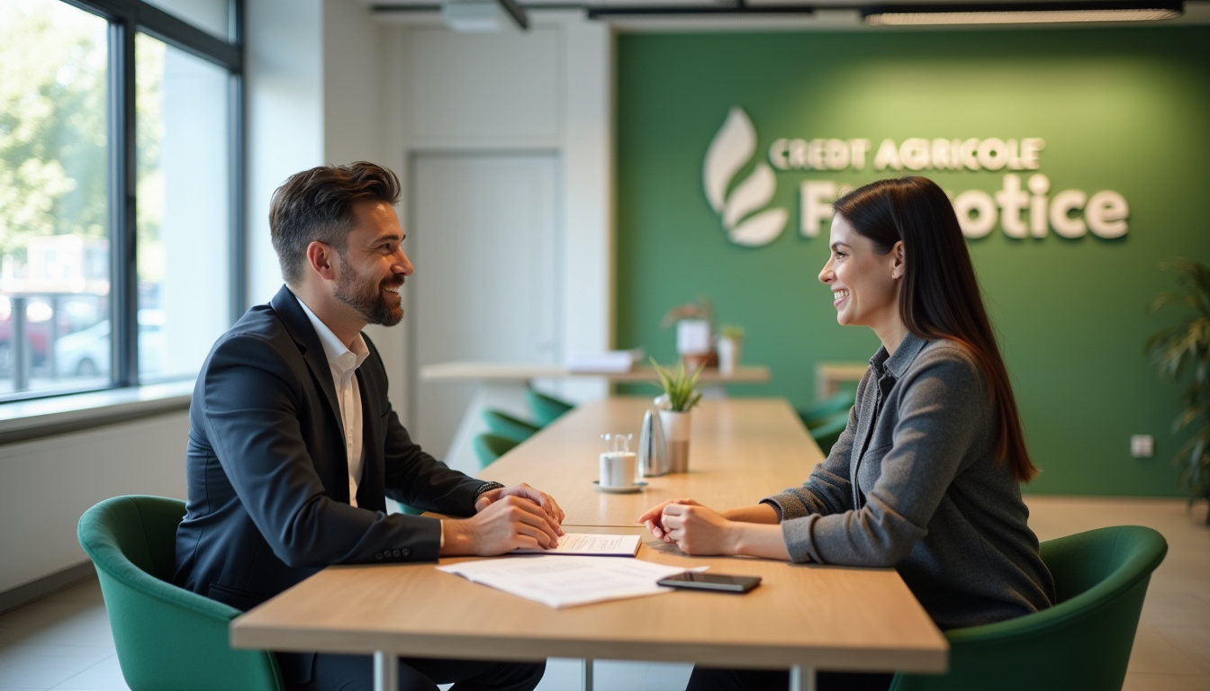 Conseiller bancaire discutant avec un client dans une agence Crédit Agricole