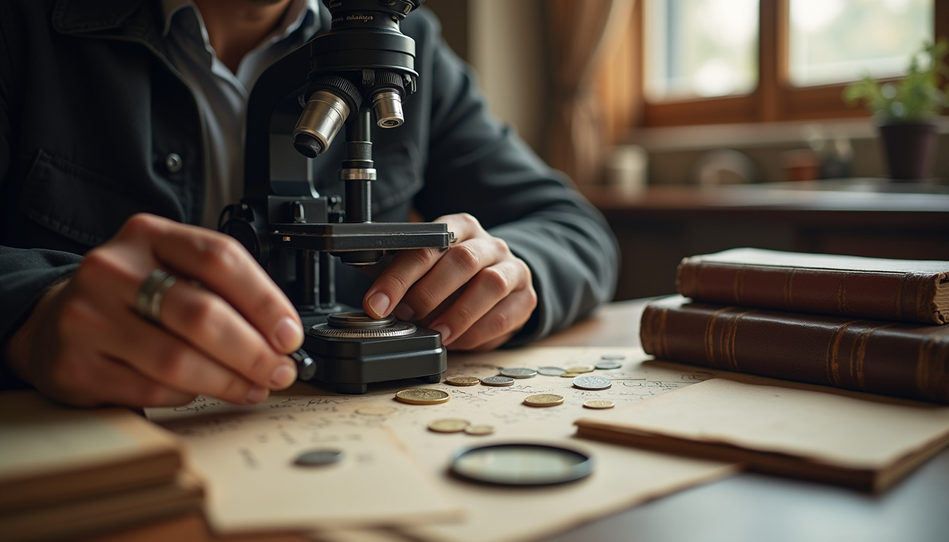 Expert en numismatique examinant une pièce de 1 euro sous microscope avec documents et loupe