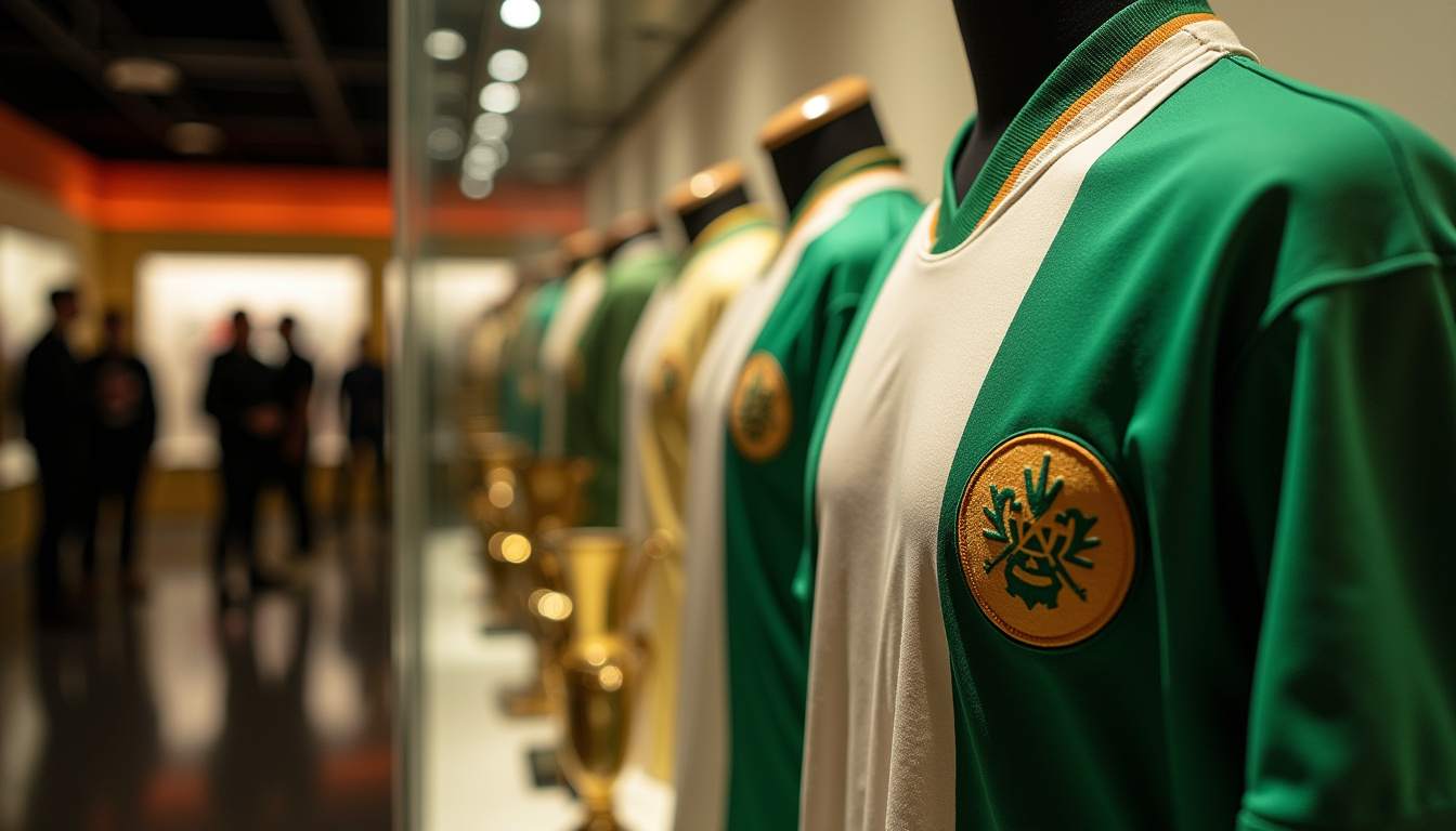 Intérieur du musée du Football Club de Nantes, exposition de maillots et trophées