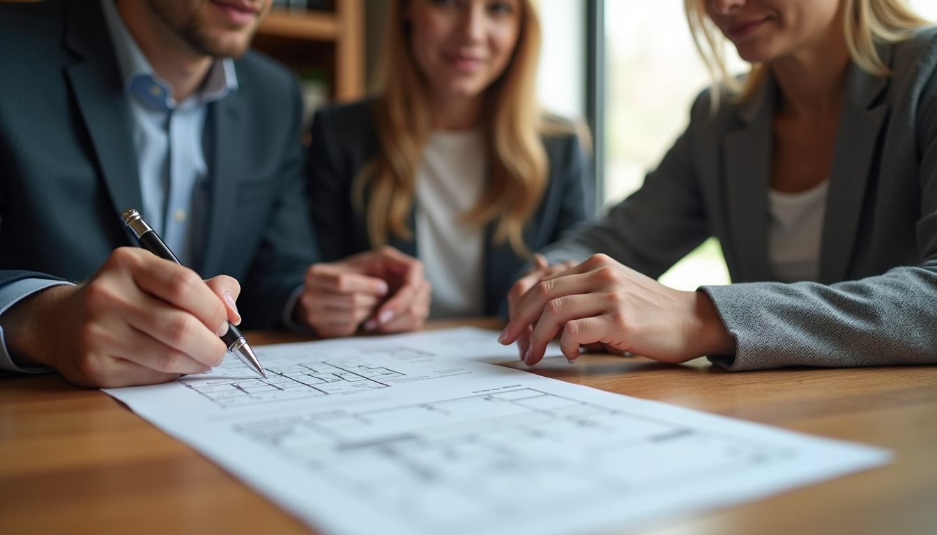 Notaire accompagnant un couple lors d'une transaction immobilière en présence de documents et d'un plan