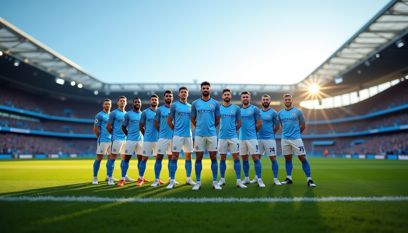 Photo de l'équipe première de Manchester City en 2026, alignée sur le terrain de l'Etihad Stadium