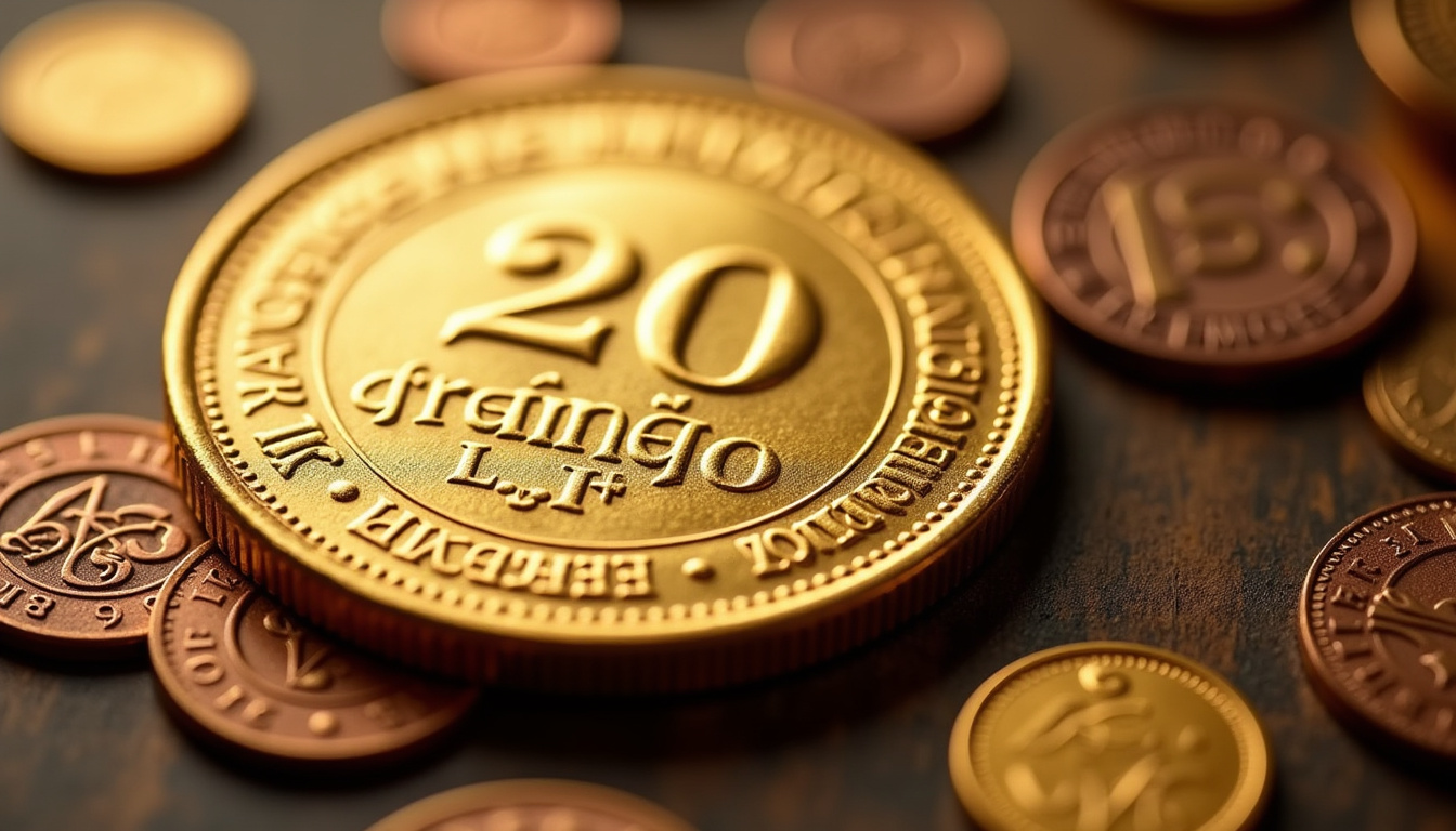 Pièce 20 francs Napoléon en or, face et revers, avec détail de l'effigie et de la tranche