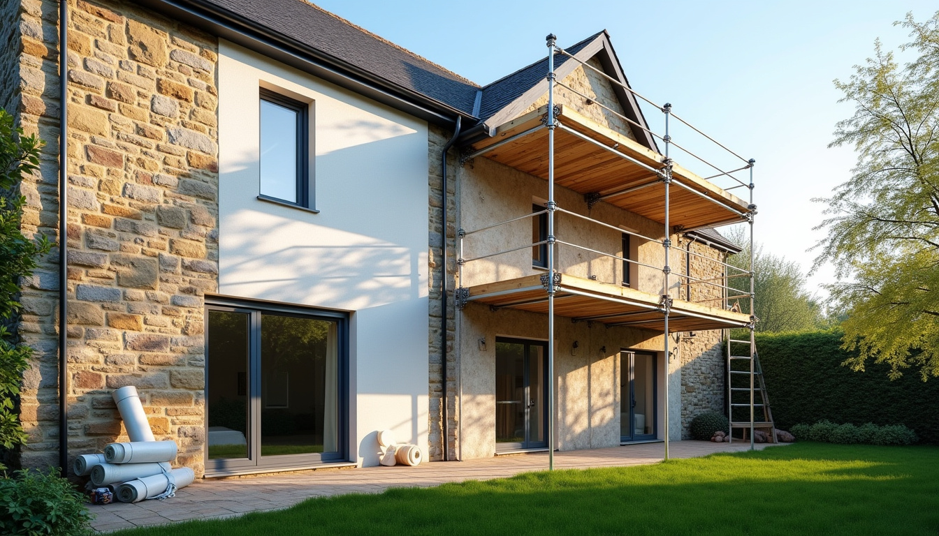 Travaux de rénovation énergétique sur une maison avec isolation extérieure en cours