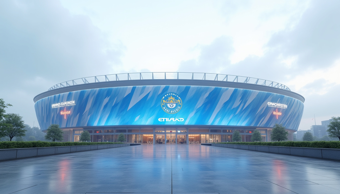 Vue extérieure de l'Etihad Stadium à Manchester en 2026, avec les couleurs bleu ciel et blanc dominantes