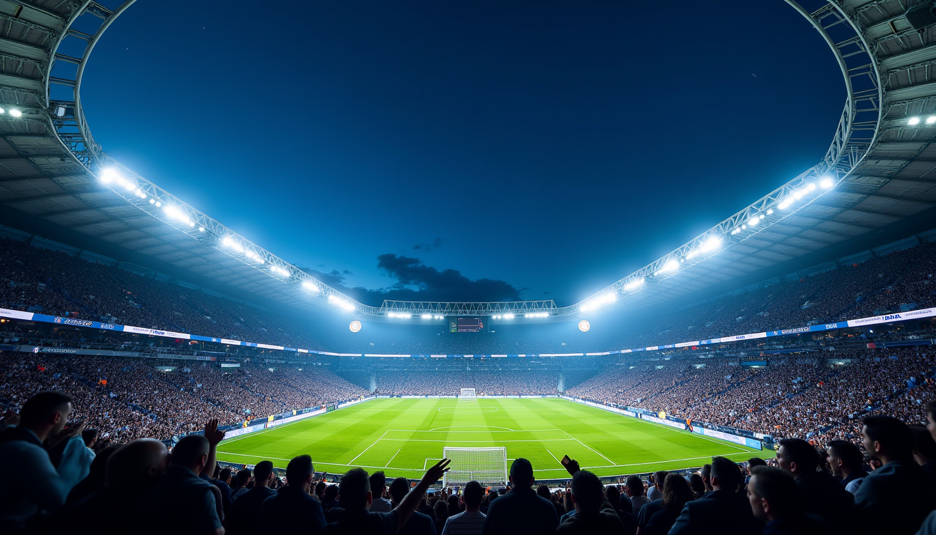 Vue nocturne du stade Santiago Bernabéu lors d'un match de Ligue des Champions