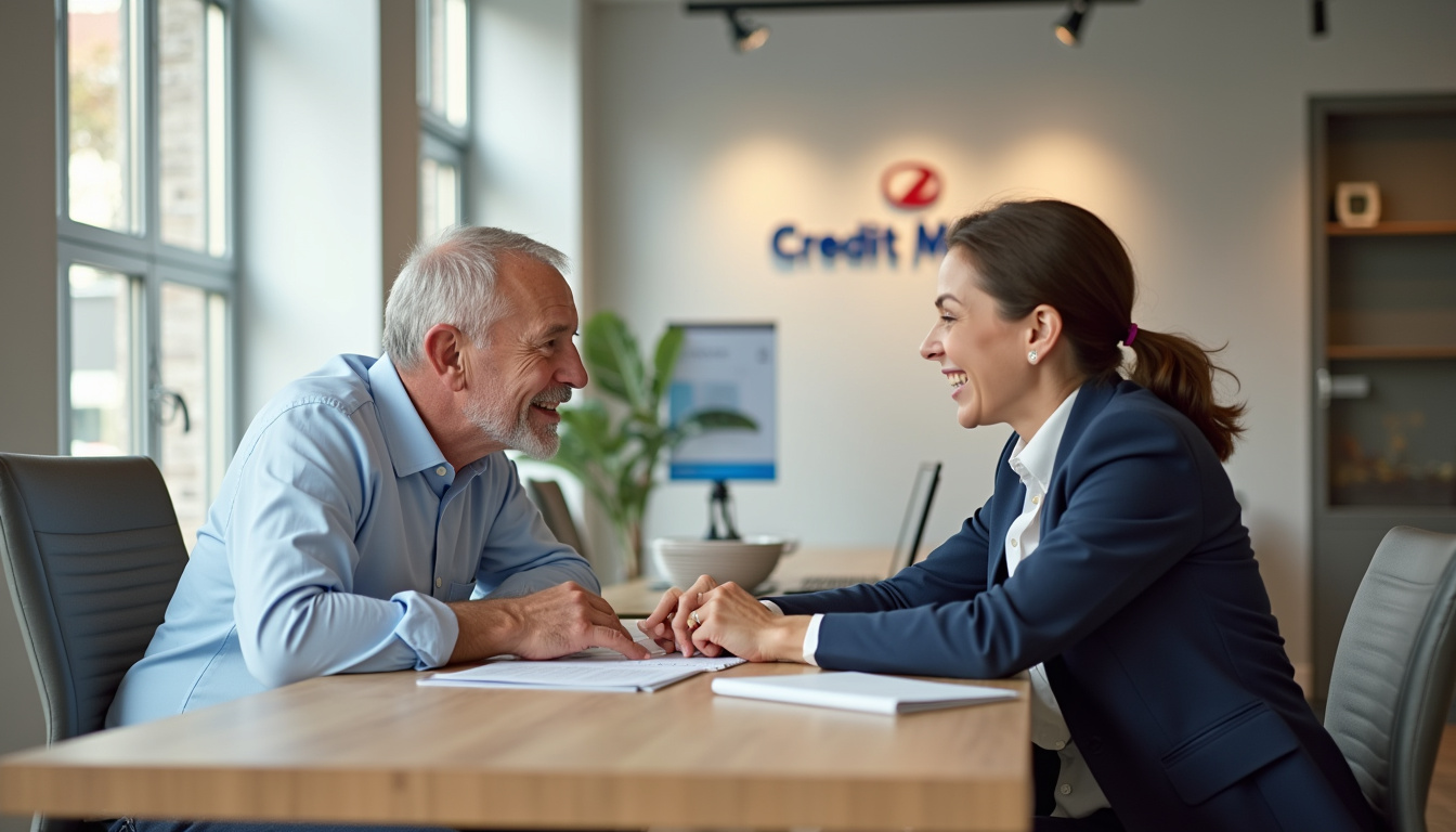 Client en discussion avec un conseiller bancaire dans une agence Crédit Mutuel