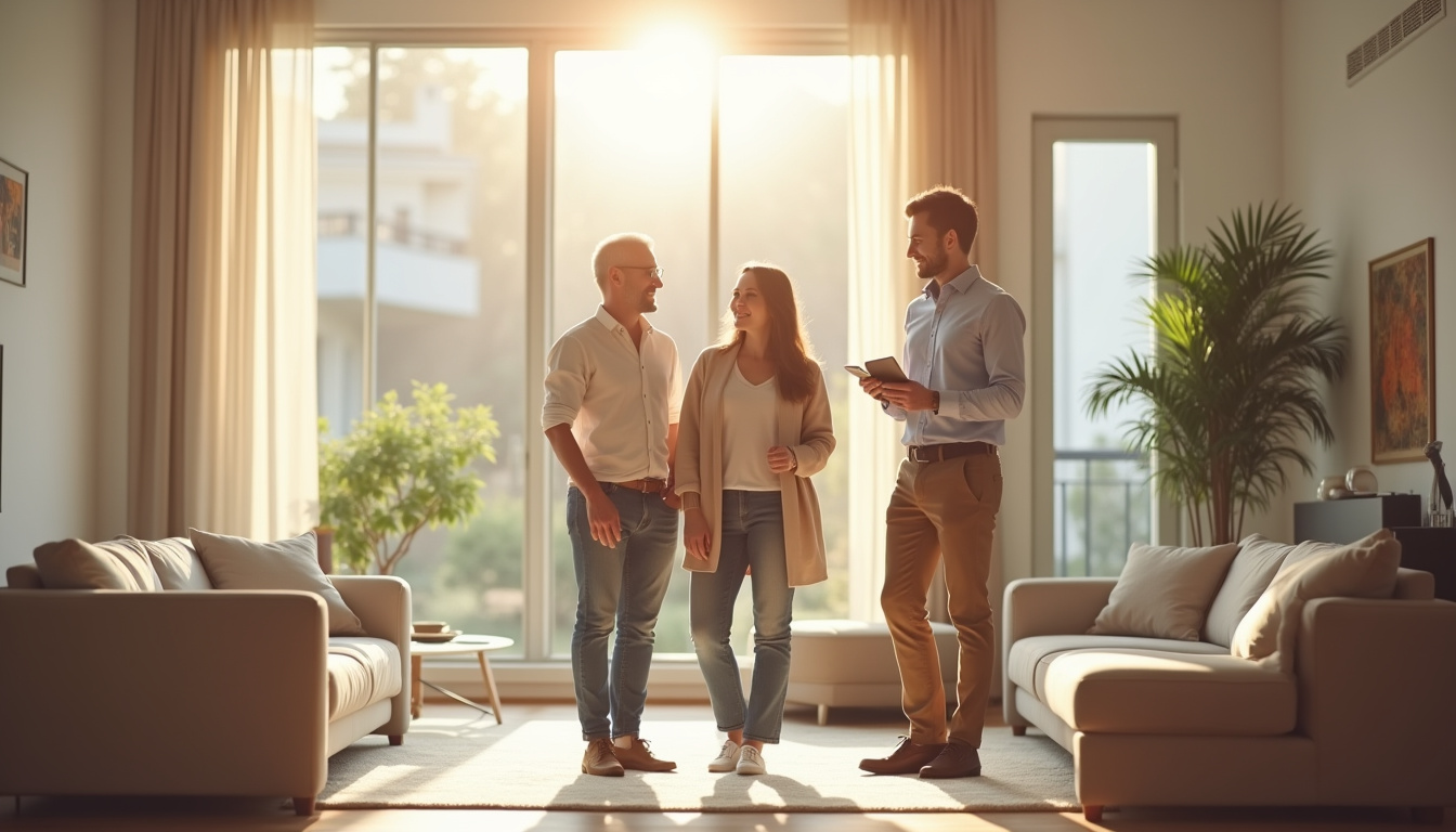 Couple visitant une maison, accompagné d'un agent immobilier