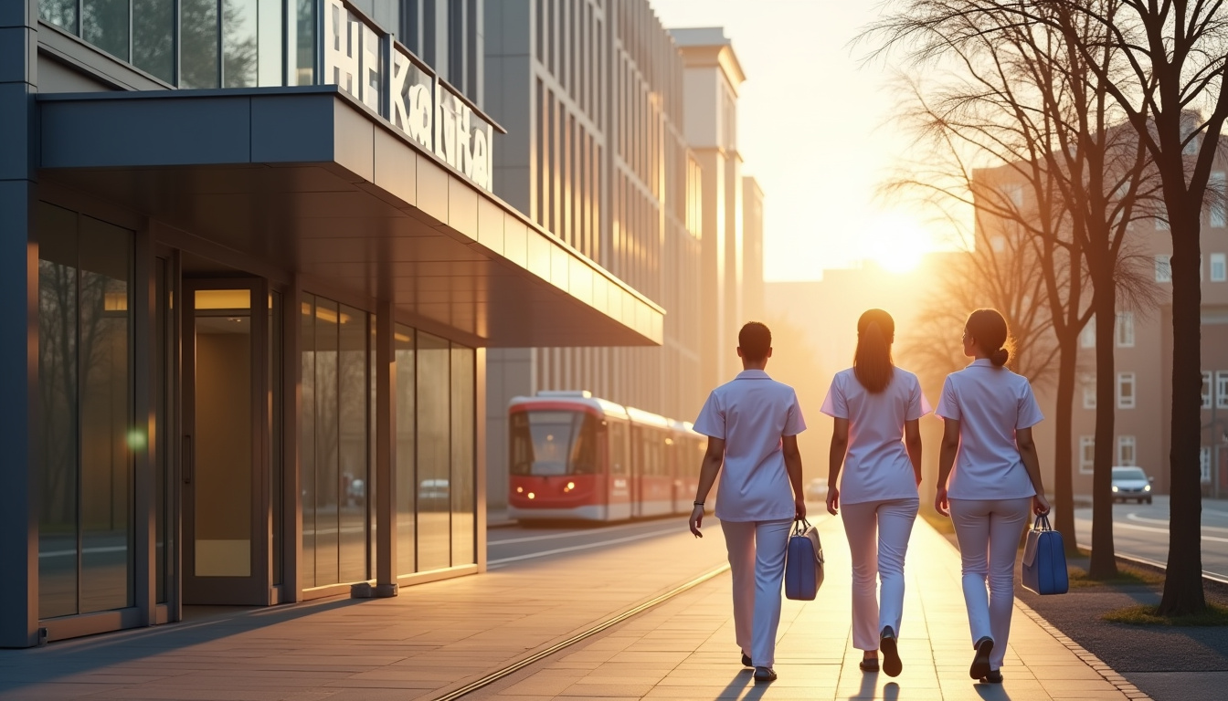 Façade moderne d'un hôpital public à Genève, avec des infirmières en uniforme entrant en service