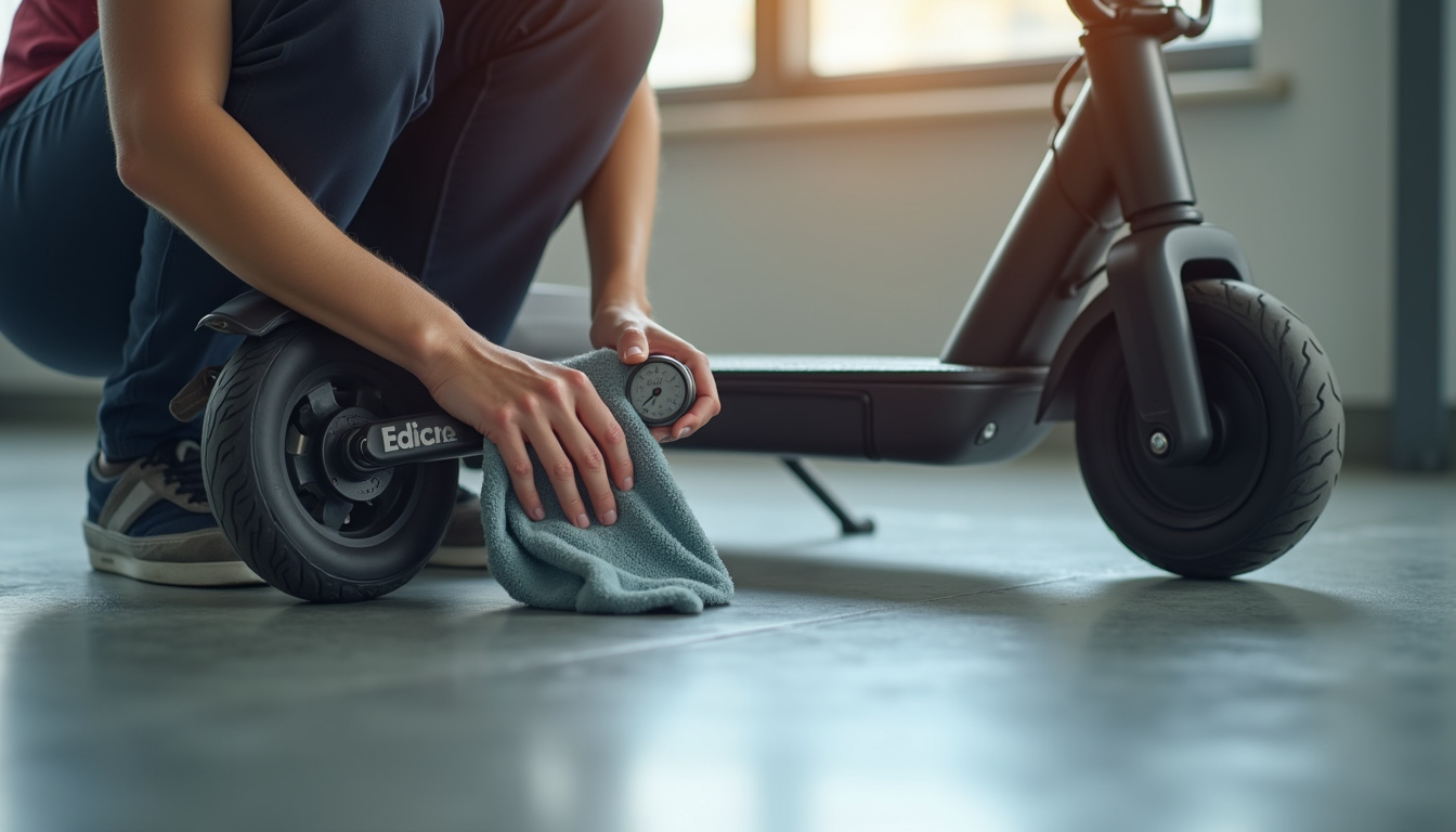 Illustration des gestes d'entretien d'une trottinette électrique: nettoyage, vérification des pneus, freins