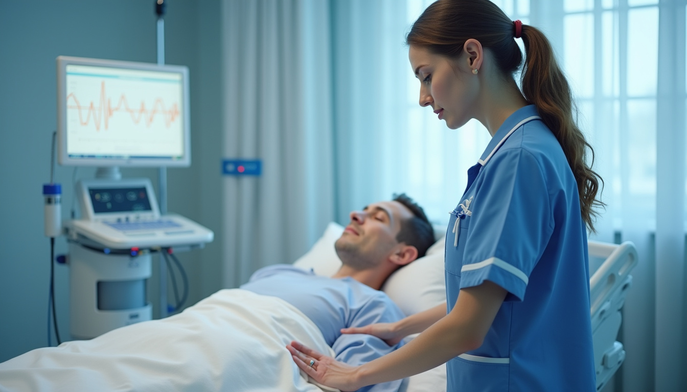 Infirmière en salle de réveil dans un hôpital suisse, en uniforme, surveillant un patient après une intervention chirurgicale