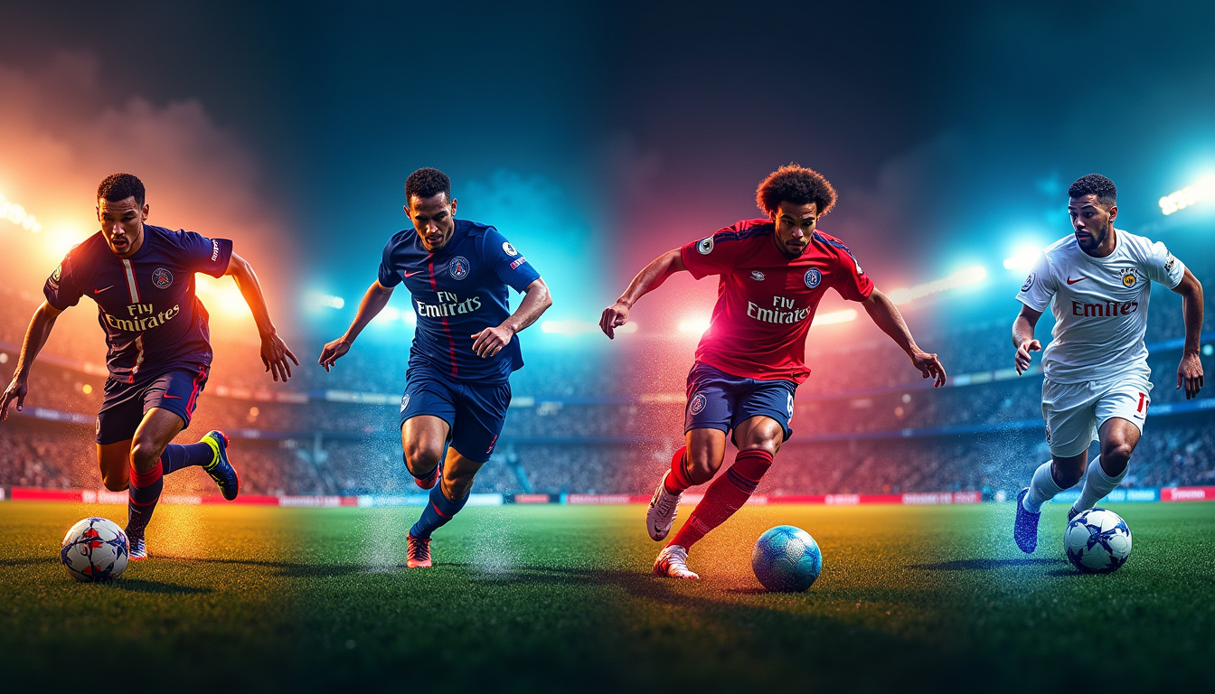 Montage des logos de l'OM, PSG, OL et RC Lens avec des photos de joueurs emblématiques de chaque club en 2026
