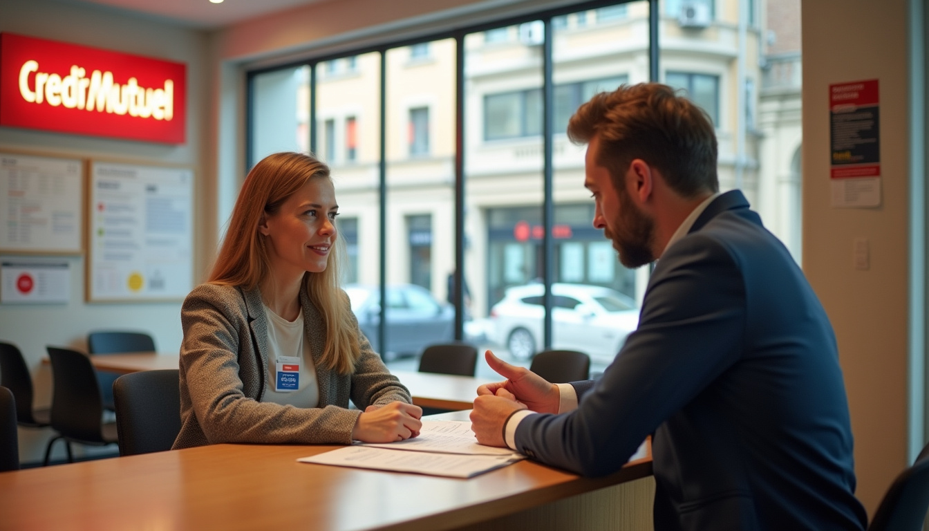 Agence bancaire Crédit Mutuel du Sud-Ouest avec client en discussion avec un conseiller