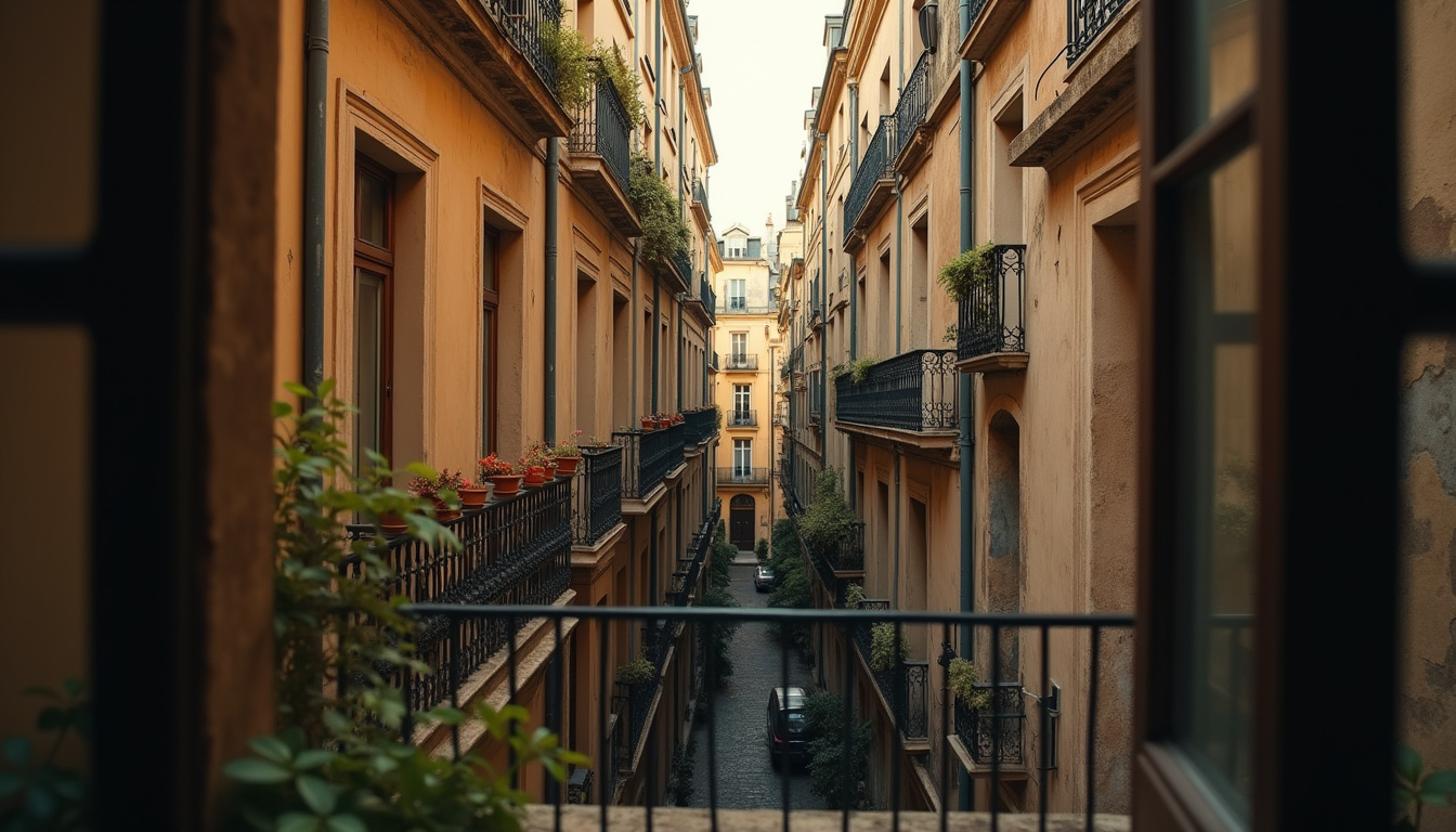 Appartement parisien typique vu depuis une cour intérieure, représentant un bien ancien au charme authentique
