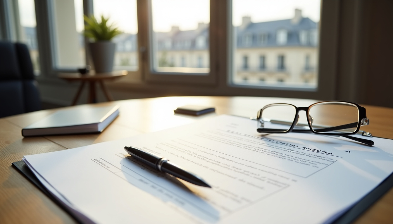 Dossier immobilier ouvert sur une table avec documents, stylo et lunettes, symbolisant les formalités administratives