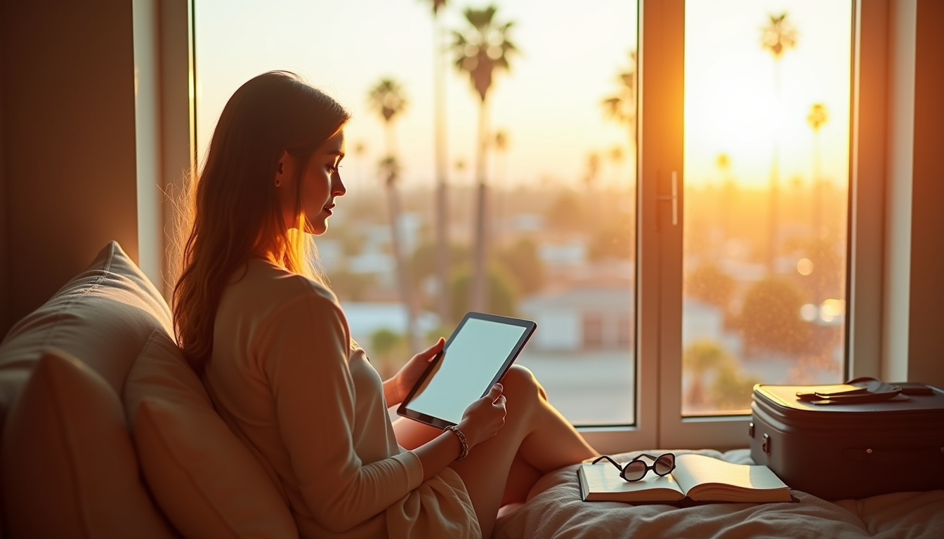 Femme organisant son itinéraire de voyage à Los Angeles sur une tablette