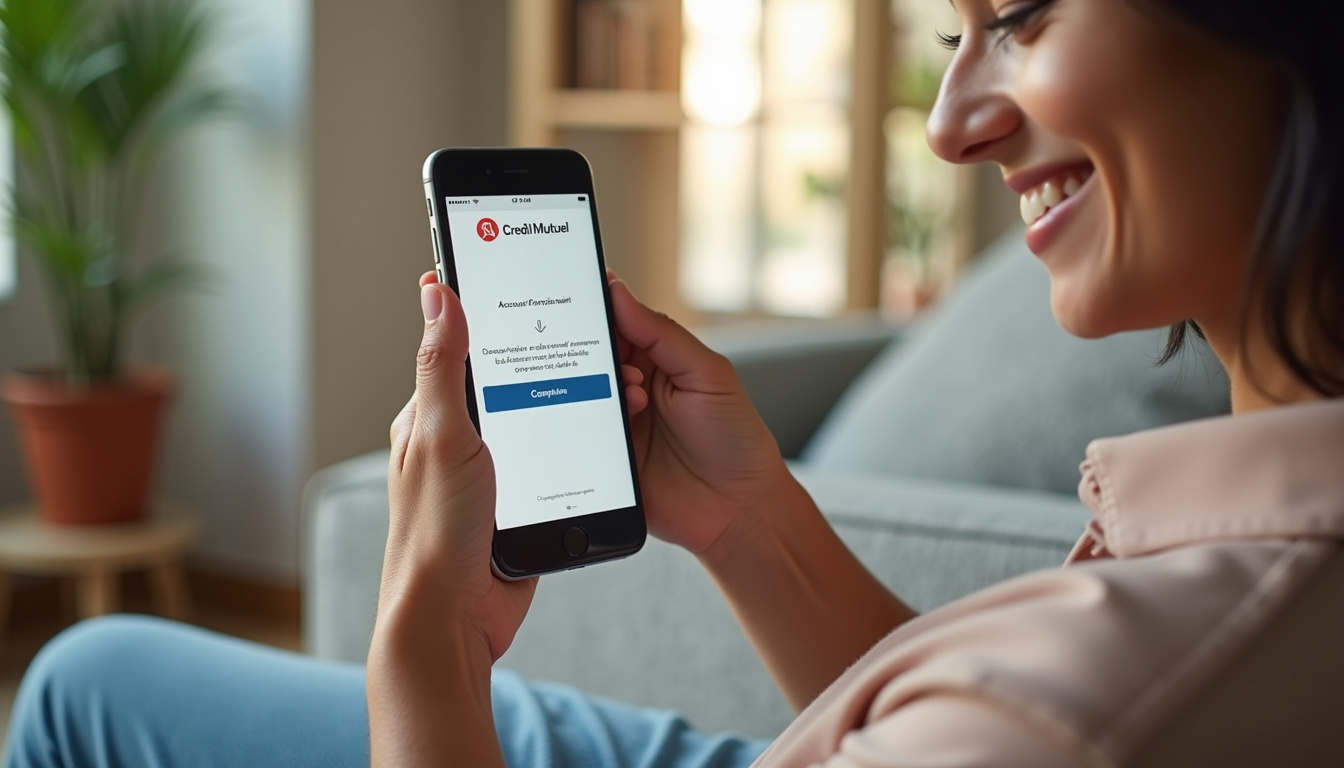 Illustration d'une personne utilisant son smartphone pour finaliser l'ouverture de son compte Crédit Mutuel depuis l'application mobile