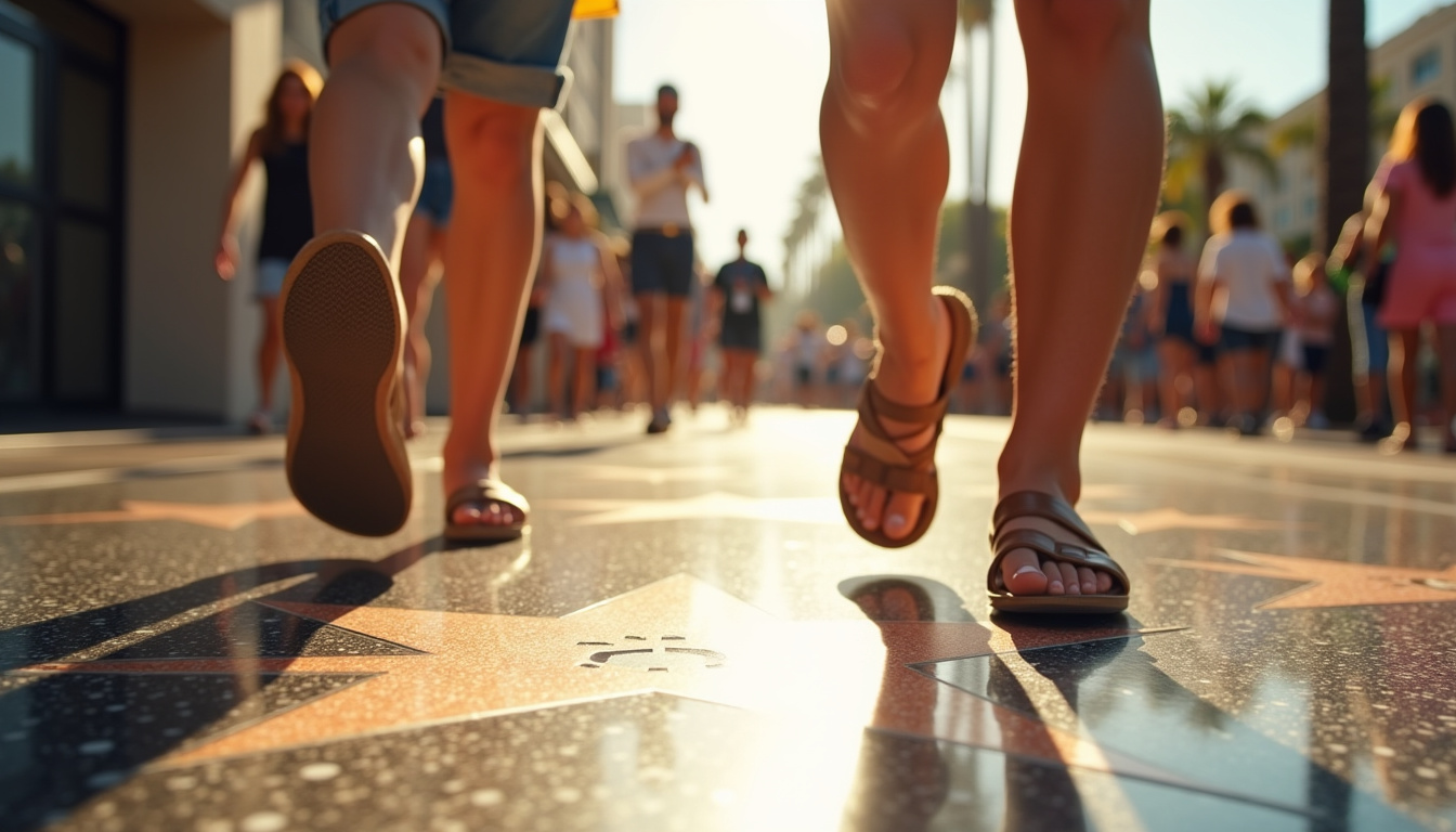 Touristes marchant sur l'avenue des étoiles à Hollywood